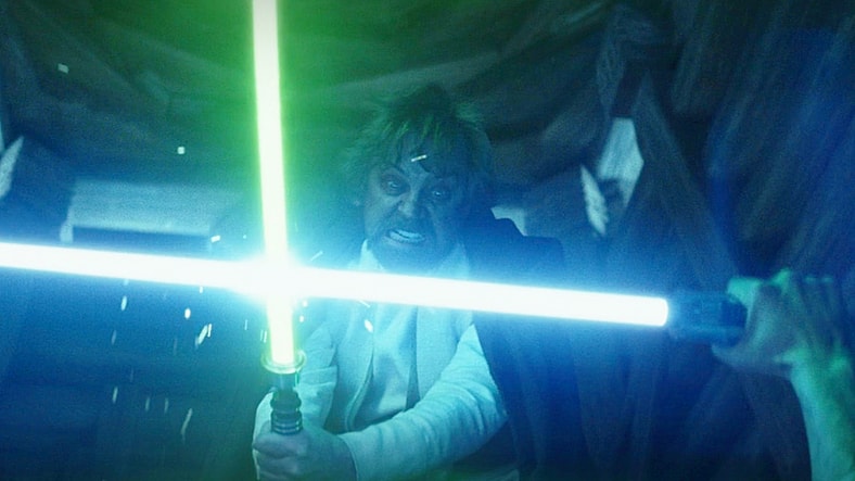 Luke Skywalker (Mark Hamill) attempts to murder Ben Solo (Adam Driver) in Star Wars Episode VIII: The Last Jedi (2019), Lucasfilm Ltd.