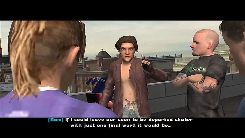 Bam Margera (Self) prepares to thin his team's rank before shredding across Boston in Tony Hawk's Underground 2 (2004), Activision