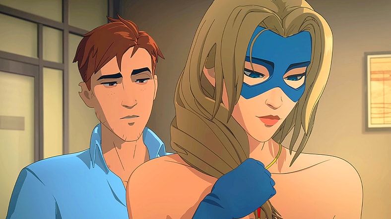 Mecha Man (Aaron Paul) helps Blonde Blazer (Erin Yvette) zip-up her new formal dress in Dispatch (2025), AdHoc Studios