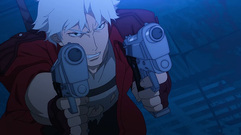 Dante (Johnny Young Bosch) takes aim at the White Rabbit (Hoon Lee) in Devil May Cry Season 1 Episode 8 "A River of Blood and Fire" (2025), Netflix