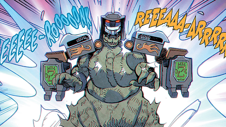 Godzilla dons the Dragonzord Armor against  Lanterra and Two-Headed Parrot in Godzilla vs. The Mighty Morphin Power Rangers II #3 (2024), BOOM! Studios. Words by Cullen Bunn, art by Baldemar Rivas, Andrew Dalhouse, and Johanna Nattalie.