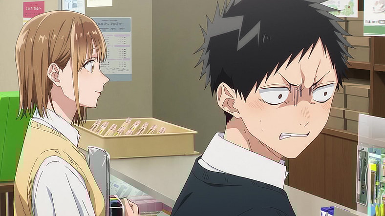 Taiki (Shōya Chiba) bites his tongue while his thoughts about Chnatsu (Reina Ueda) run wild in Blue Box Season 1 Episode 16 "Unfair Woman" (2025), TMS Entertainment