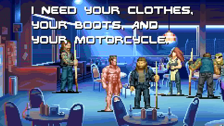 The T-800 (Arnold Schwarzenegger) seeks gear and equipment for his upcoming mission in Terminator 2D: No Fate (2025), Bitmap Bureau