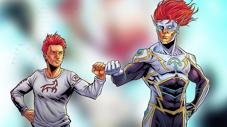 Zephyr Arland daps-up his alter-ego in RippaZine Vol. 1 #5 "Blue-Shift: Tryouts" (2025), Rippaverse. Words by Andrew Rodriguez, art by Edu Souza and Andrew Cramer.