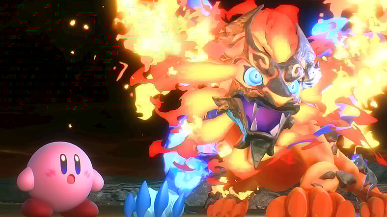 Kirby (Makiko Ōmoto) and Leo (N/A) watch on as Galactic Nova (N/A) finally falls in Kirby Air Riders (2025), Nintendo