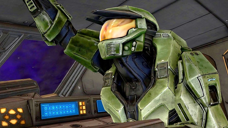 Master Chief (Steve Downes) and Cortana (Jen Taylor) take a breather after surviving the destruction of Installation 04 in Halo: Combat Evolved Anniversary (2011), Bungie