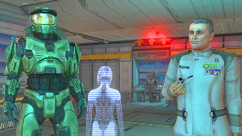 Cortana (Jen Taylor) prepares to land the Pillar of Autumn in Halo (2001), Bungie