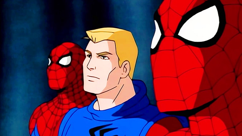 A pair of Peter Parkers (Christopher Daniel Barnes) and one Ben Reilly (Christopher Daniel Barnes) take in a quick lesson about the multiverse from Madame Web (Joan Lee) in Spider-Man: The Animated Series Season 5 Episode 12 "I Really, Really Hate Clones" (1995), Marvel Entertainment