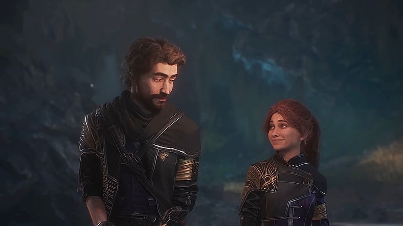 Gustave (Charlie Cox) and Maelle (Jennifer English) sharing a cheeky glance in Clair Obscur: Expedition 33 (2025), Kepler Interactive.