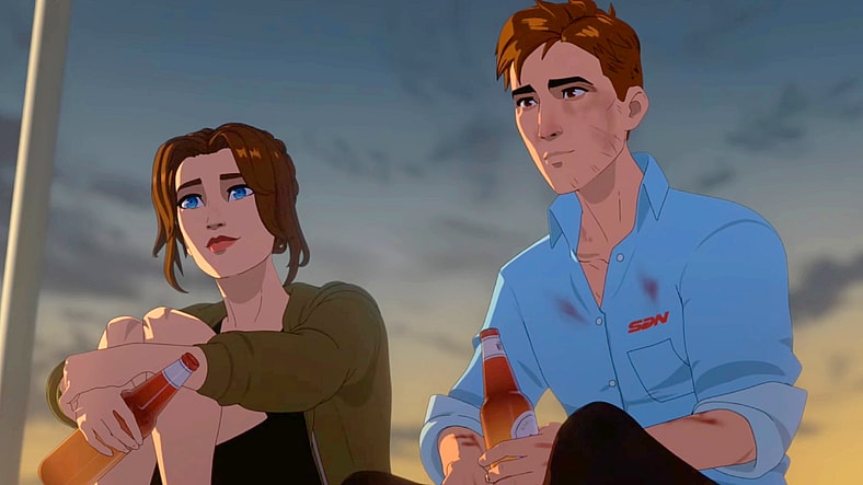 Blonde Blazer (Erin Yvette) and Mecha Man (Aaron Paul) drink to a new dawn in Dispatch (2025), AdHoc Studios