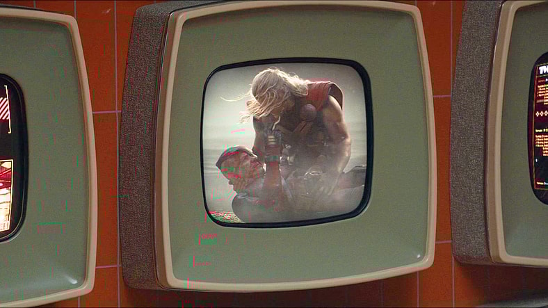 Thor (Chris Hemsworth) mourns the apparent death of the Merc with a Mouth (Ryan Reynolds) in Deadpool & Wolverine (2024), Marvel Entertainment