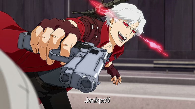 Dante (Johnny Young Bosch) has the White Rabbit (Hoon Lee) dead to rights in Devil May Cry Season 1 Episode 4 "All Hope Abandon" (2025), Netflix