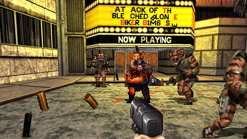 Duke Nukem (Jon St. John) shoots aliens outside a movie theater in Duke Nukem 3D: 20th Anniversary Edition World Tour (2016), Gearbox Publishing