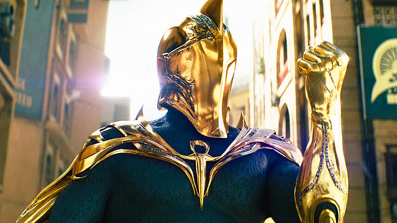 Doctor Fate (Pierce Brosnan) warns Teth-Adam (Dwayne Johnson) of Nabu's power in Black Adam (2022), Warner Bros. Pictures