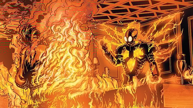 Ted Carson lights up his predecessor, Garfield Lynns, in Nightwing Vol. #3 Annual #1 (2013), DC. Words by Kyle Higgins, art by Jason Masters, Daniel Sampere, Vicente Cifuentes, Chris Sotomayor, and Dave Sharpe.