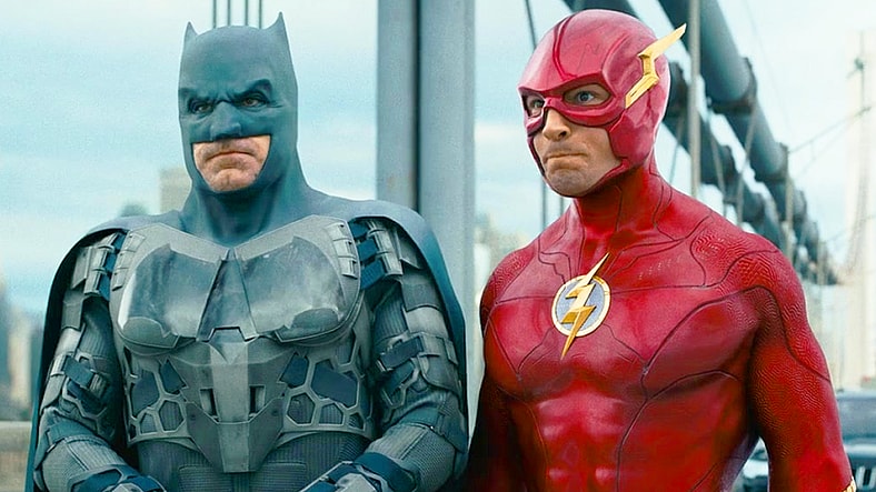 Bruce (Ben Affleck) and Barry (Ezra Miller) are embarrassed after being exposed to Diana's (Gal Gadot) Lasso of Truth in The Flash (2023), Warner Bros. Pictures