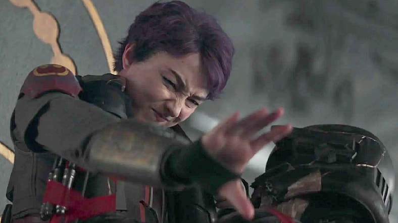 Sabine (Natasha Liu Bordizzo) gives a Night Trooper a piece of her Force-powered mind in Ahsoka Season 1 Episode 8 "Part Eight: The Jedi, the Witch, and the Warlord" (2023), Disney