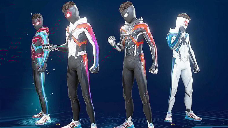 The four style variants of Miles Morales' (Nadji Jeter) Evolved Suit in Marvel's Spider-Man 2 (2023), Insomniac Games