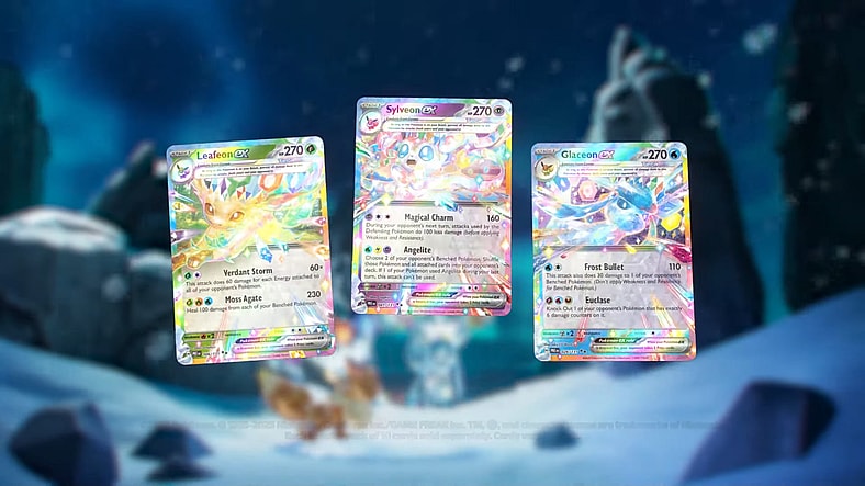 Leafeon EX (#149), Sylveon EX (#156), and Glaceon EX (#15), as featured in The Pokémon Trading Card Game: Scarlet & Violet—Prismatic Evolutions Set (2025), The Pokémon Company