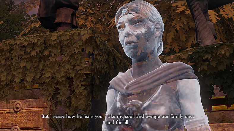 The Scarlet Robe (Ève Karpf) urges The Hero of Oakvale (John Silke) to finally strike down Jack of Blades (Johnathan Keeble) in Fable Anniversary (2014), Lionhead Studios