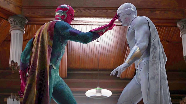 Vision (Paul Bettany) prepares to unlock the 'soul' of his reanimated corpse (Paul Bettany) in WandaVision Season 1 Episode 9 "The Series Finale" (2021), Marvel Entertainment