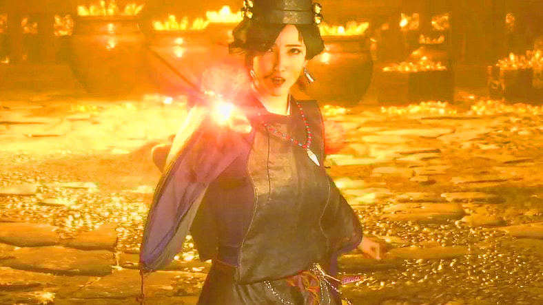 Fuku (TBA) leaps to defend Tokugawa Takechiyo (TBA) from a mad Tokugawa Kunimatsu (TBA) in Nioh 3 (2026), Team Ninja