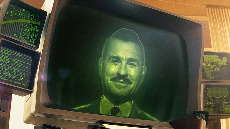 Mr. House (Justin Theroux) welcomes the Ghoul (Walton Goggins) to Lucky Penthouse 38 in Fallout Season 2 Episode 7 "The Handoff" (2026), Amazon