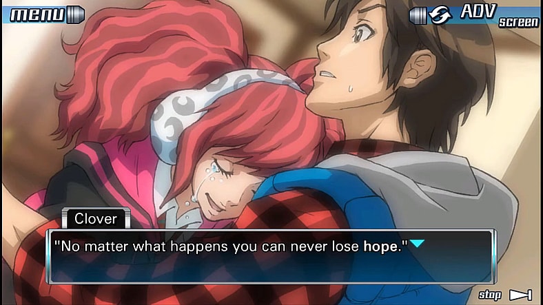 A distressed Clover (Yukari Tamura) steals a hug from Junpei (Tatsuhisa Suzuki) in Zero Escape: Nine Hours, Nine Persons, Nine Doors (2009), Spike