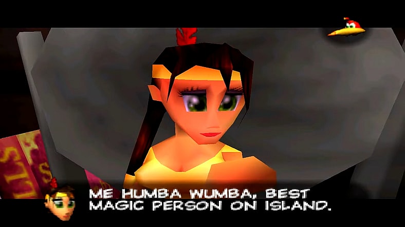 Humba Wumba (Eveline Fischer) greets Banjo and Kazoie (Chris Sutherland) in Banjo-Tooie (2000), Rare