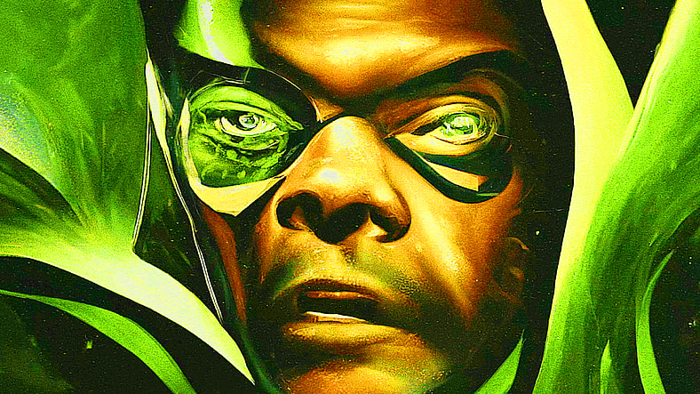 Nick Fury (Samuel L. Jackson) begins his one-man war on the Skrulls in the AI-generated intro to Secret Invasion (2023), Marvel Entertainment