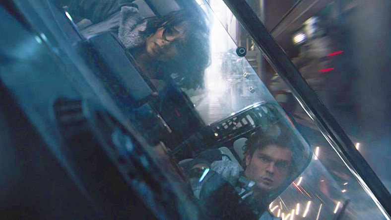 Qi'ra (Emilia Clarke) and Han (Alden Ehrenreich) make a failed gamble at escaping from an Imperial patrol in Solo: A Star Wars Story (2018), Disney/Lucasfilm