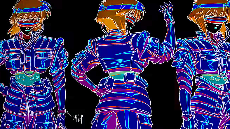 A stylized rendition of Mokoto Kusanagi's (TBA) character sheet, as it appears in the trailer for The Ghost in the Shell (2026), Science Saru