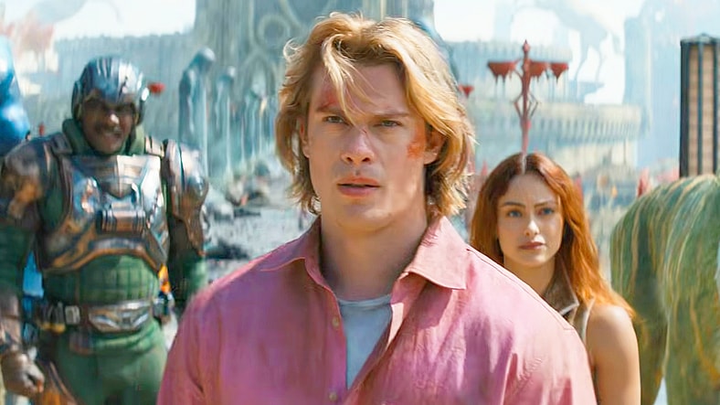 He-Man (Nicholas Galitzine) and Skeletor (Jared Leto) sets his first sights on Eternia in Masters of the Universe (2026), Amazon MGM