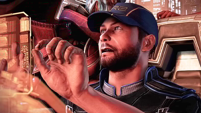 Joker (Seth Green) prepares to make an emergency hyperspace jump away from the Reapers in Mass Effect 3 (2012), BioWare