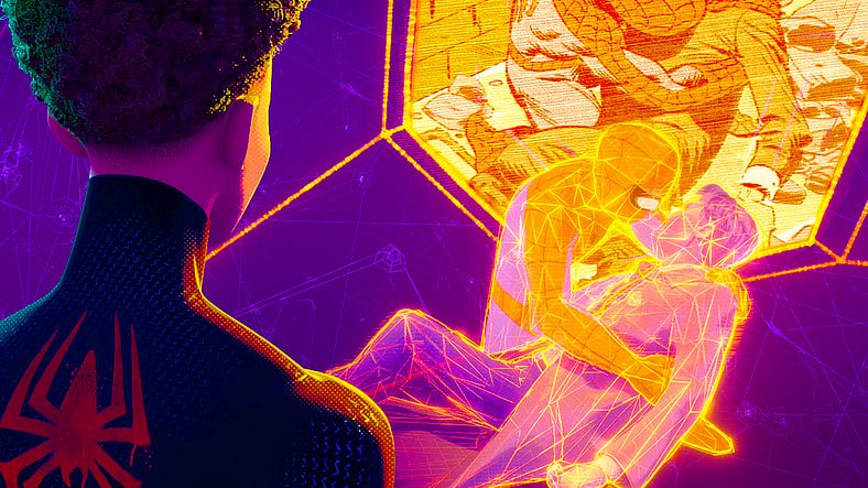 Miles (Shameik Moore) watches on as Spider-man (Josh Keaton) mourns the loss of Captain Stacy (Clancy Brown) in Spider-Man: Across the Spider-Verse (2023), Sony Animation