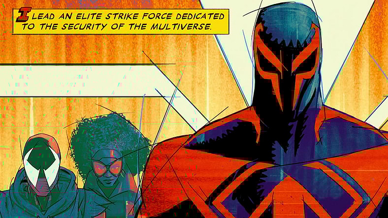 Spider-Man 2099 (Oscar Isaac) introduces himself to Gwen Stacy (Hailee Steinfeld) in Spider-Man: Across the Spider-Verse (2023), Sony Pictures Animation