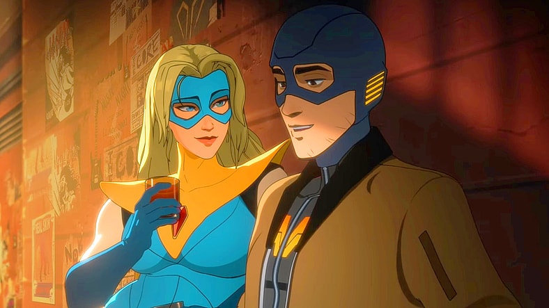 Blonde Blazer (Erin Yvette) and Mecha Man (Aaron Paul) enjoy their first meeting in Dispatch (2025), AdHoc Studios