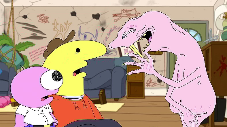 Mole Man (David Firth) obsessively chases down Pim (Michael Cusack) and Charlie (Zach Hadel) in Smiling Friends Season 3 Episode 3 "Mole Man" (2025), Adult Swim