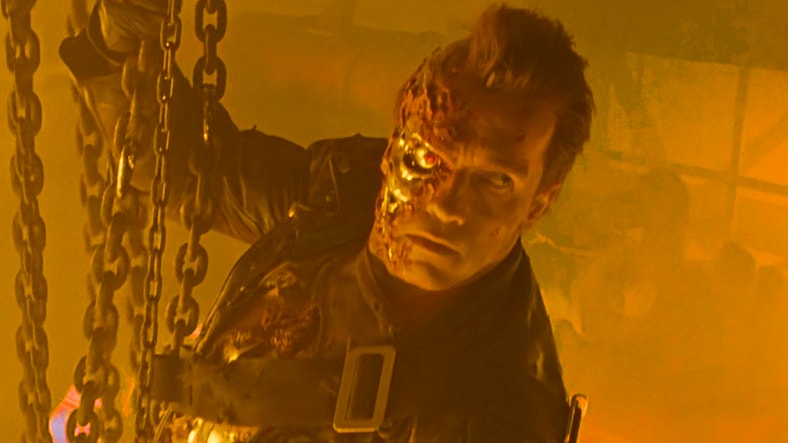 The T-800 (Arnold Schwarzenegger) says good-bye to Sarah (Linda Hamilton) and John Connor (Edward Furlong) in Terminator 2: Judgment Day (1991), Tri-Star Pictures