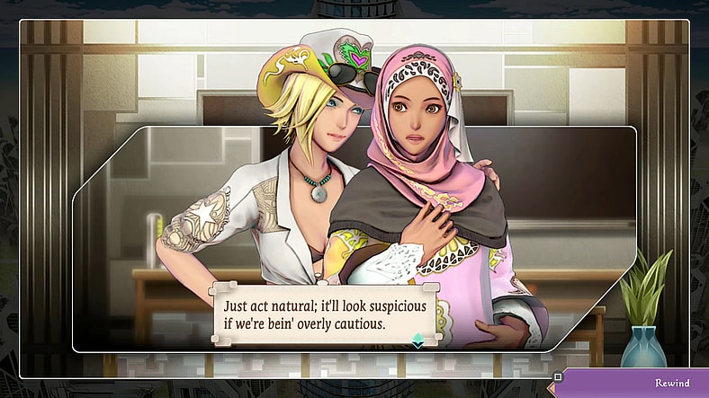 Bonnie (Tomo Muranaka) warns Formina (Emiri Suyama) that their room is bugged in SaGa: Emerald Beyond (2024), Square Enix 