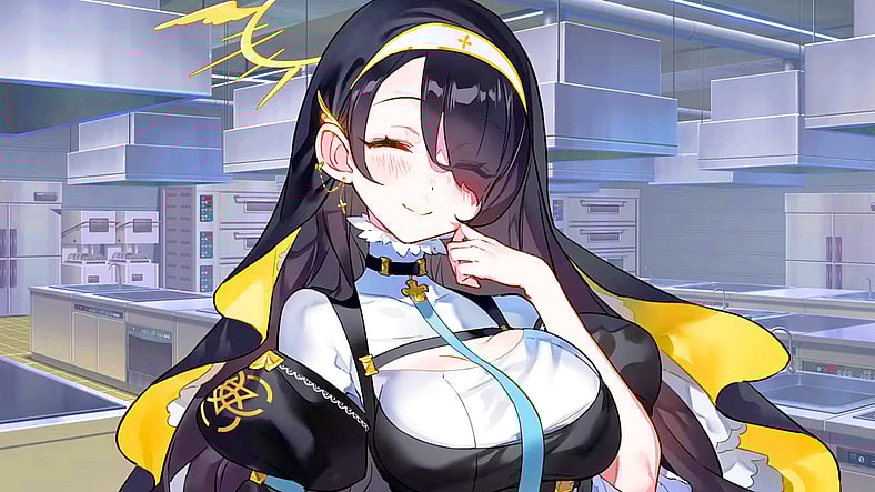 HInata (Song Harim) realizes she made a mistake with Sakurako's (Lee Daeun) milk tea order in Blue Archive (2021), Nexon Games