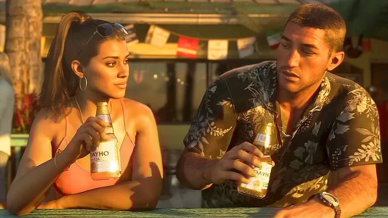 Lucia (TBA) and Jason (TBA) toast to a new beginning in Grand Theft Auto VI (2026), Rockstar Games