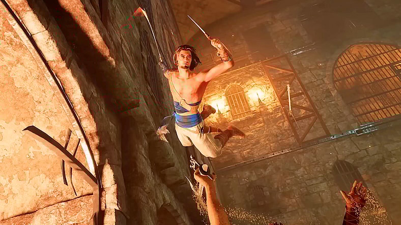 The Prince (Yuri Lowenthal) leaps over a crumbling foe in The Prince of Persia: The Sands of Time Remake (Cancelled), Ubisoft
