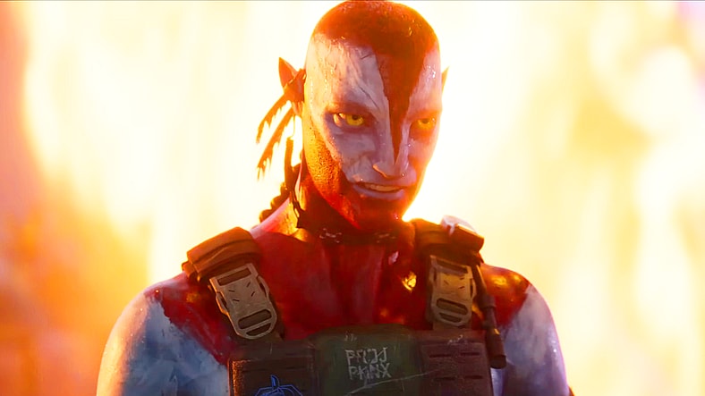 Colonel Quaritch (Stephen Lang) has a proposition for Varang (Oona Chaplin) in Avatar: Fire and Ash (2025), 20th Century Studios