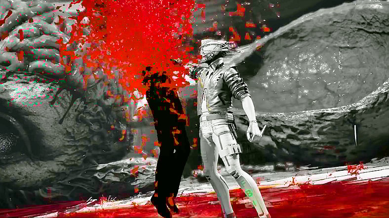 Romeo Stargazer (Antony Del Rio) puts an end to Christian Phantasm (Andrew Russell) in Romeo Is a Dead Man (2025), Grasshopper Manufacture