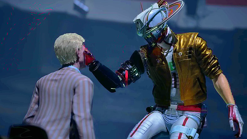 Romeo Stargazer (Antony Del Rio) has a face-to-face with Christian Phantasm (Andrew Russell) in Romeo Is a Dead Man (2025), Grasshopper Manufacture