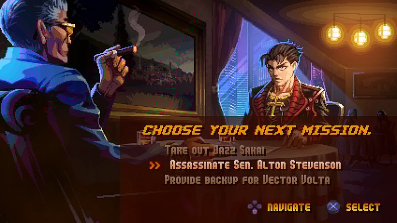 Angelo Morano accepts his next mission for The Family in Neon Inferno (2025), Zenovia