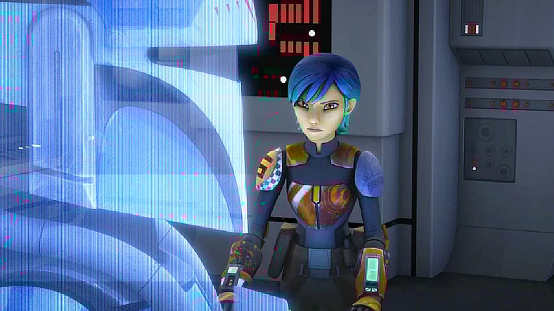 Sabine (Tiya Sircar) steels herself for a reunion with her fellow Mandalorians in Star Wars Rebels Season 2 Episode 13 "The Protector of Concord Dawn" (2016), Disney