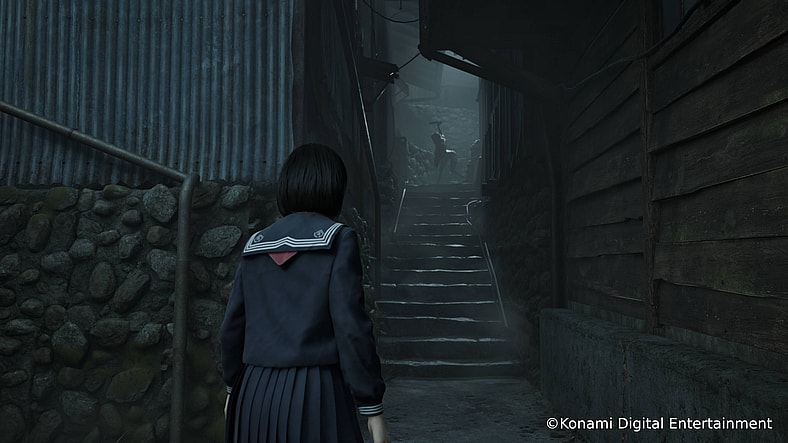 Hinako Shimizu (TBA) comes across a twisted monster in a dark alley in Silent Hill f (TBA), Konami
