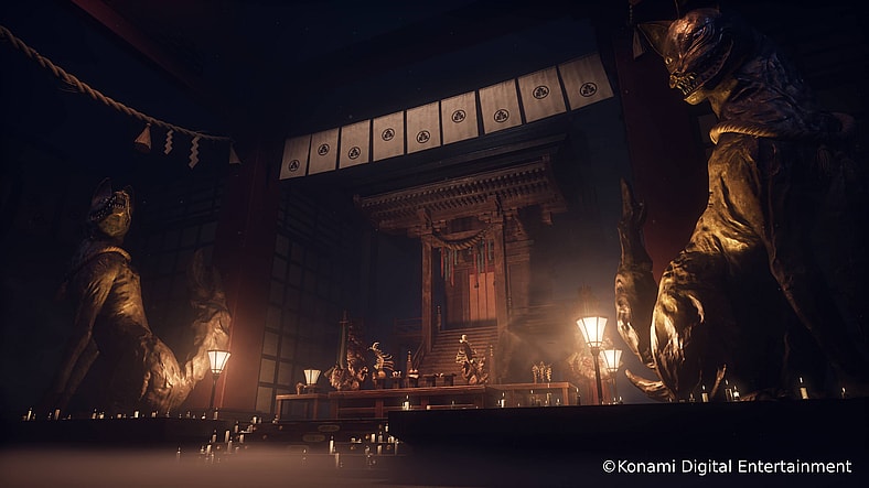 A shrine with two giant and sinister-looking cat statues either side in Silent Hill f (TBA), Konami